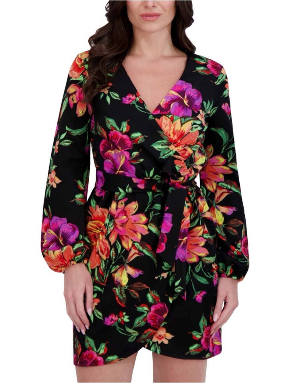 Siena Black Floral Print Surplice Mini Dress Size 6 NWT Wrap - Picture 5 of 7